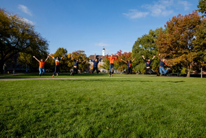 Students jumping on quad