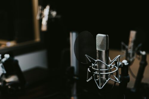 A microphone in a recording booth